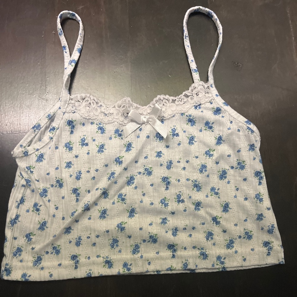 White and Blue Floral Cropped Cami